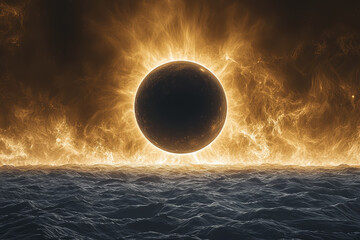 Wall Mural - a panoramic view of a solar eclipse with the moon partially obscuring the sun, showcasing the dramat