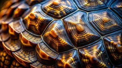 macro shot of turtle's scaly skin, intricate patterns, dark moody lighting, selective focus, conveying resilience and protection