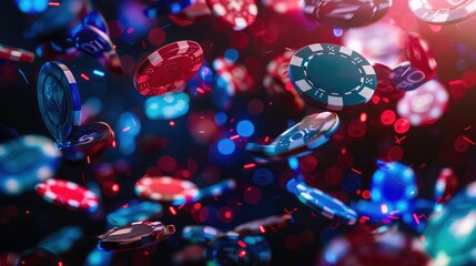 Canvas Print - casino chips falling in the air with a dark background and bokeh lights.
