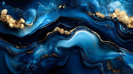 Wall Mural - Abstract blue and gold marble texture with swirls and glitter.