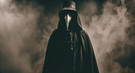 Wall Mural - scary spooky plague doctor on dark smoky background