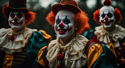 Wall Mural - group of creepy clowns on dark haunted forest background