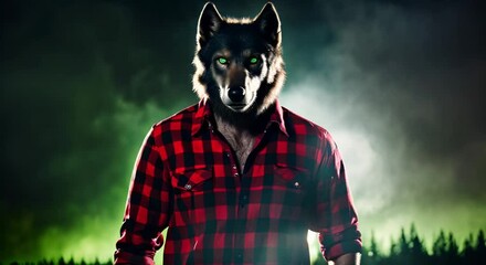 Wall Mural - werewolf with glowing green eyes wearing a red flannel shirt on dark foggy night background with full moon