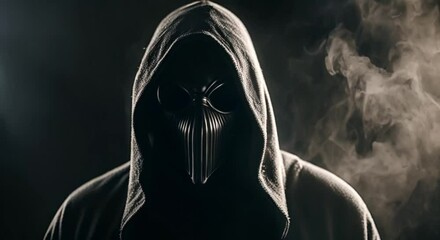 Wall Mural - scary black hooded figure wearing a ghost face mask on dark smoky background 
