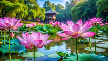 Tranquil lotus garden with vibrant blooms in a peaceful pond , zen, relaxation, nature, tranquil, serenity, meditation