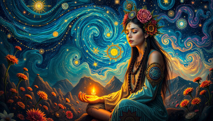 woman meditates in the night