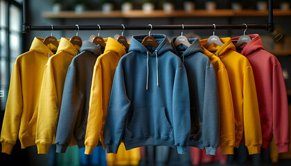 Colourful Pastel Hoodies Hanging on a Rack | Trendy Black Sweatshirts in Soft Pastel Shades