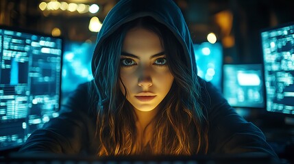 A young woman in a hooded sweatshirt looks intently at the computer screen, her face illuminated by the blue glow of the monitor. She is surrounded by multiple monitors displaying lines of code.