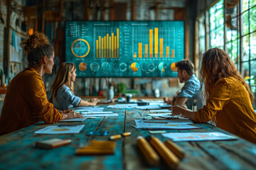 Sticker - A team of professionals collaborating around a conference table with charts and graphs displayed on a screen, illustrating strategic planning and teamwork.