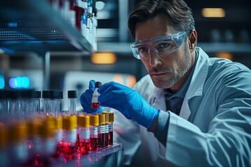 Poster - A scientist analyzing blood samples for viral antibodies, capturing the role of serological testing in diagnosing past infections and immunity.