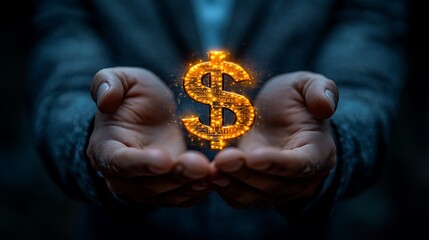 Close-up of a businessman's hands holding a glowing dollar sign.