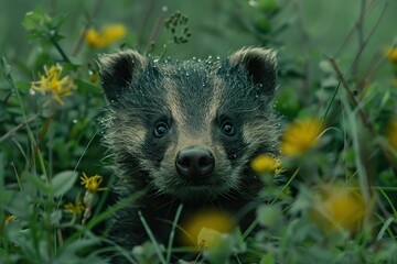 Wall Mural - Curious Badger in the Wildflowers