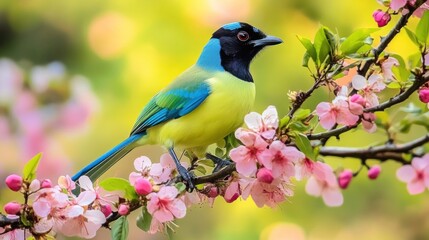 Wall Mural - Vibrant Blue and Green Bird Perched on a Branch of Pink Blossoms