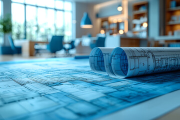 Wall Mural - A detailed blueprint of a new office layout being reviewed by an architect and business owner, emphasizing office design and space planning.