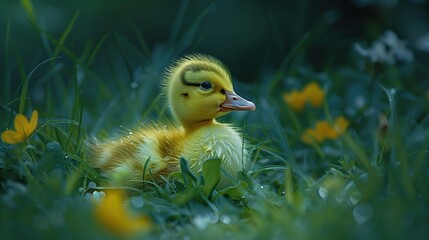 Wall Mural - Cute Duckling in Lush Greenery