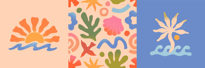 Wall Mural - vector summer cards.nature elements and artistic seamless pattern.hand drawn palm,sun,coral,seashell