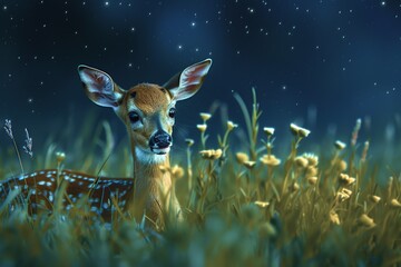 Poster - A Young Deer Under a Starry Night