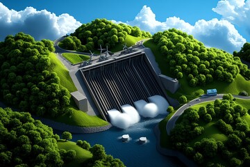 Wall Mural - Hydropower advancements and eco-friendly technology are showcased in a vibrant illustration of a modern dam with advanced turbines