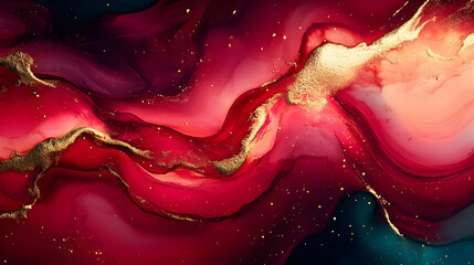 Canvas Print - Abstract red, gold, and blue liquid art with a marble effect.