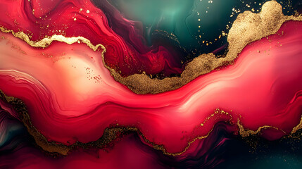 Poster - Abstract red, green, and gold liquid art background.