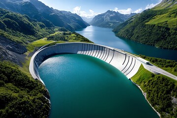 Wall Mural - Hydropower innovation and green energy are illustrated in a futuristic design of a cutting-edge dam with emphasis on sustainability