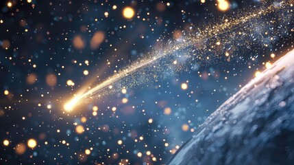 Wall Mural - a glowing golden comet streaks across a dark night sky with blurry, golden bokeh.