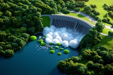 Wall Mural - Hydropower sustainability and environmental impact are showcased in a dynamic illustration of a modern dam with emphasis on clean energy