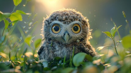 Sticker - Cute Baby Owl in the Grass