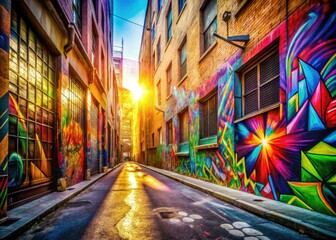 Naklejka na meble vibrant colorful graffiti street art urban photography with bold typography and abstract shapes under bright sunlit alleyway with shallow focus effect