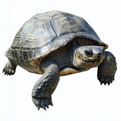 A large tortoise is standing on a white background