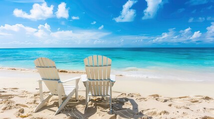 Two white wooden chairs on a white sandy beach with a clear blue ocean and white puffy clouds in the sky.