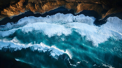 Wall Mural - Aerial view of ocean waves crashing against a rocky coastline.