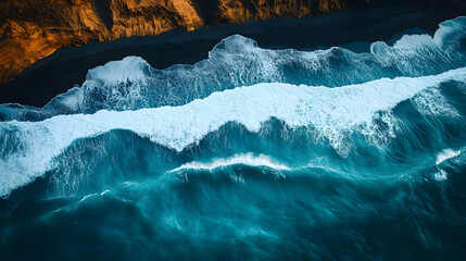 Wall Mural - Aerial view of powerful waves crashing on a black sand beach.