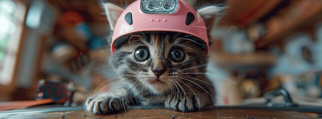 Wall Mural - Curious Kitten in a Helmet