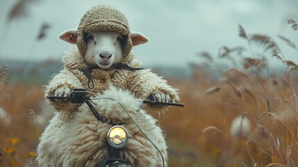 Poster - Sheep Riding a Motorcycle in a Rainy Field