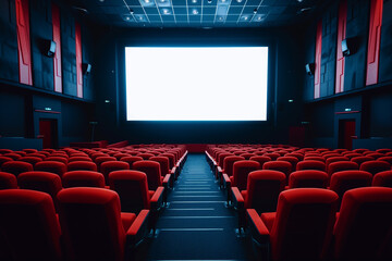 Abandoned movie theater with red chairs and blank screen