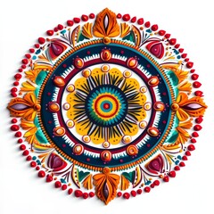 A vibrant, circular Rangoli design featuring intricate patterns and colors.