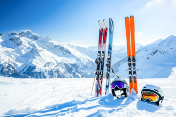 A pair of skis and a helmet are on the snow