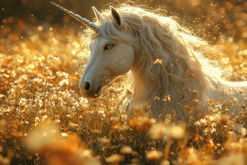 Poster - A magical being with a silver mane and a sparkling horn, trotting through a field of enchanted flowers. Concept of unicorn elegance and enchantment.