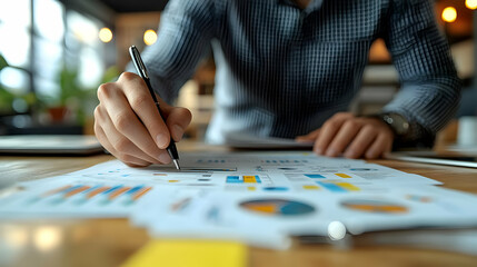 Poster - Businessman analyzing data and making notes on financial documents.