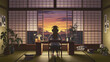 © zhor - Silhouette of a woman working at a desk with a stunning sunset view through traditional Japanese windows.