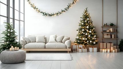 Wall Mural - Christmas living room with a couch, decorated tree, and gifts.