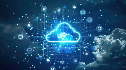 Canvas Print - digital cloud computing concept with icons, abstract glowing lines, and blue glow on dark background