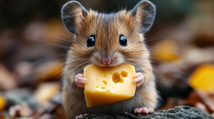 Wall Mural - A cute little mouse with big eyes is holding a piece of cheese in its paws, looking directly at the camera.