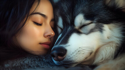 Poster - Close up of a young woman with her eyes closed and a dog sleeping next to her.