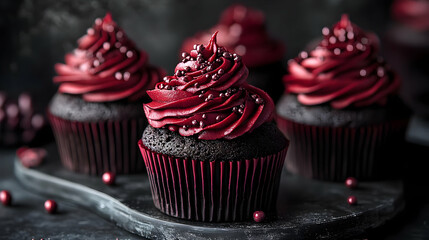 Wall Mural - Close up of three dark chocolate cupcakes topped with red frosting and sprinkles.