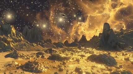 Wall Mural - golden rocks and mountains on a planet with a star filled sky.