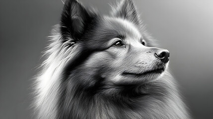 Close-up black and white portrait of a furry dog looking to the side.