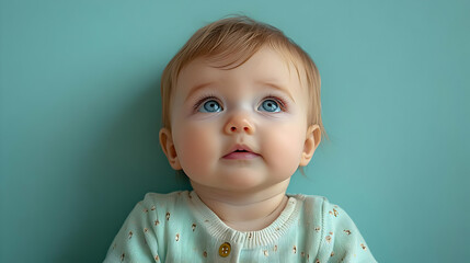 Close-up of a baby girl with big blue eyes looking up, wearing a green and white sweater against a turquoise background.