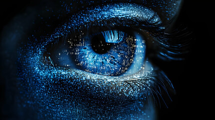 Close-up of a blue eye with glowing digital code covering the surface.